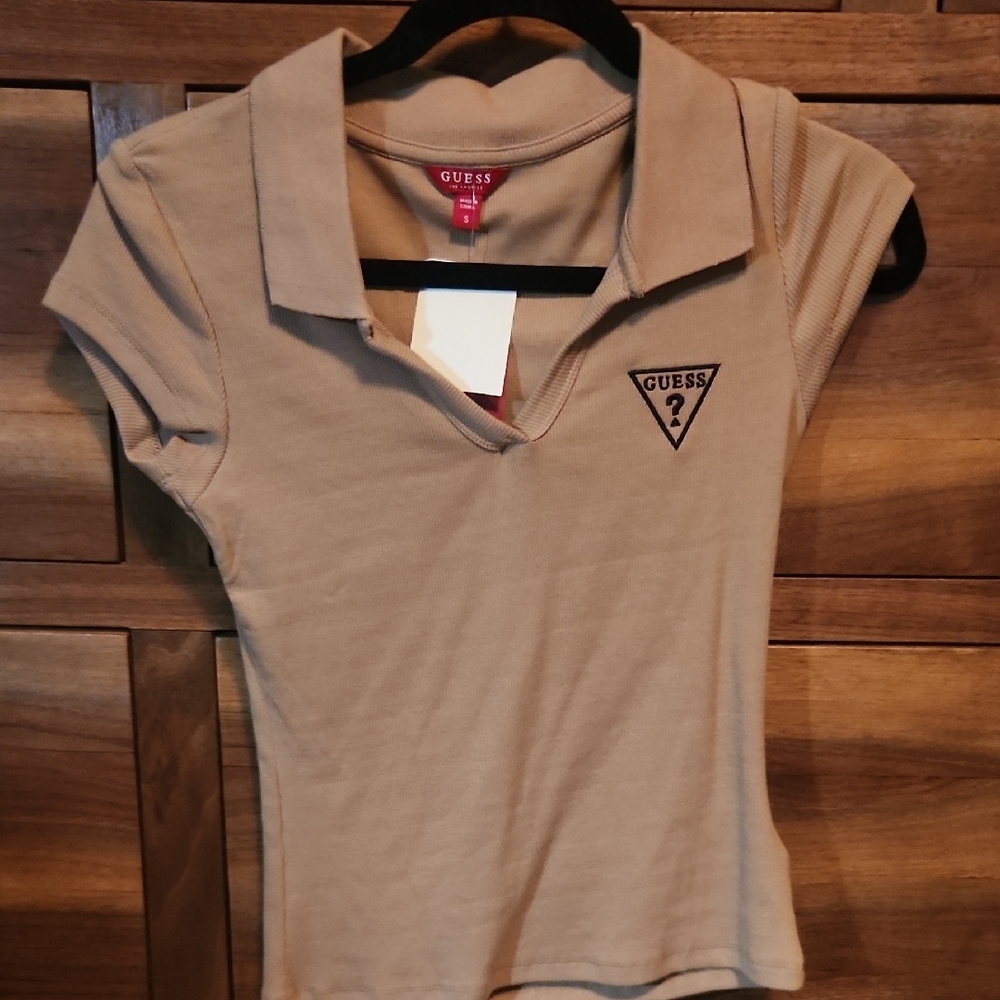 Guess Browm Fitted Ribbed Polo Short Sleeve Tee Sz Small